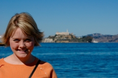 Emily in front of Alcatraz, Fisherman's Wharf San Francisco CA
